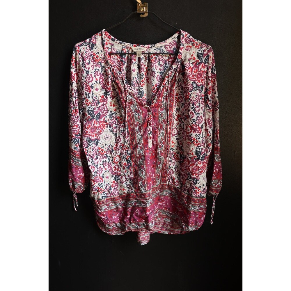 Lucky Brand Pullover Boho Peasant Henley Top Tunic Blouse Colorful Paisley Large